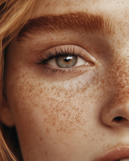 a woman with freckles and light eyes looking at the camera