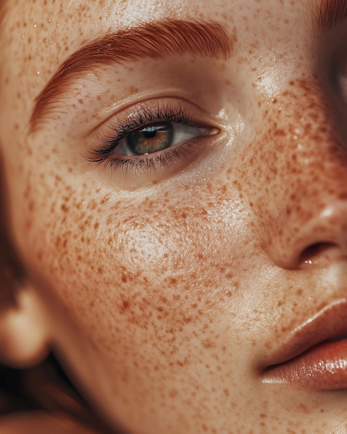 Photo a woman with freckles and light eyes looking at the camera