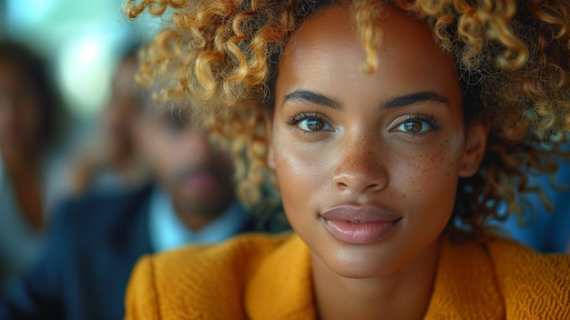 a woman with freckles and a man in the background