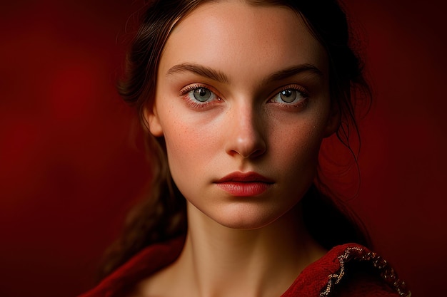 A woman with freckles and red background