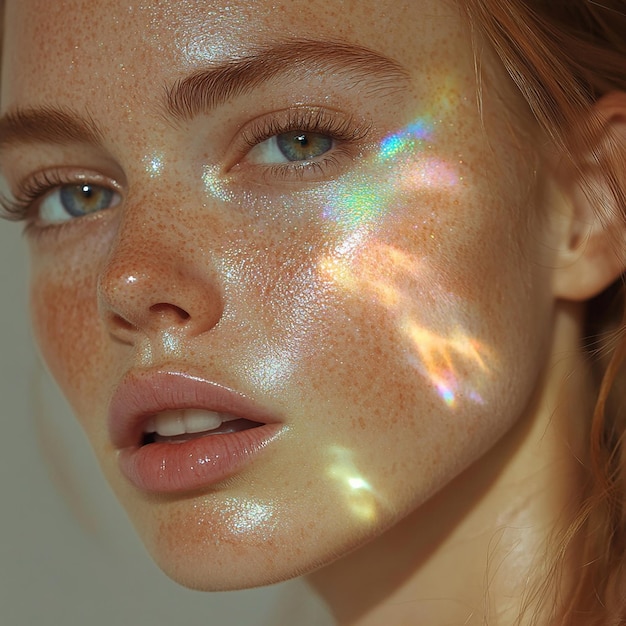 Photo a woman with freckles and a reflection of a freckles on her face