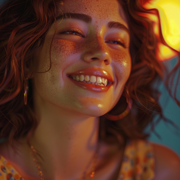 Photo a woman with freckles smiles in front of a bright light