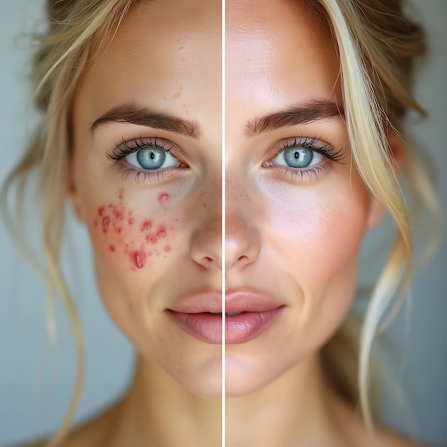 Photo woman with freckles and two side comparison