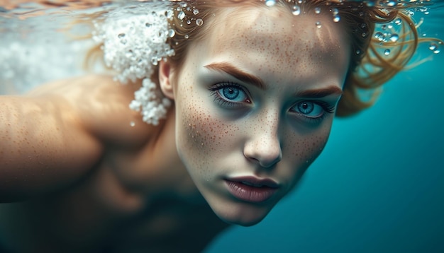 Photo a woman with freckles under water with bubbles in the water