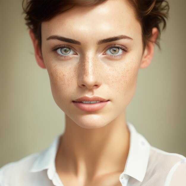 A woman with freckles and a white shirt