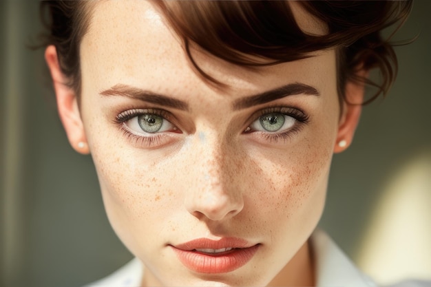 A woman with freckles and a white shirt