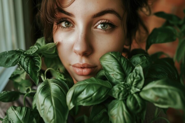 Photo woman with fresh basil natural beauty concept