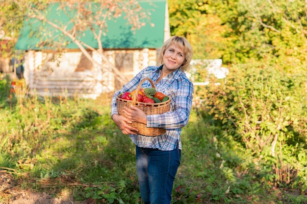 Woman with fresh vegetables in a basket in the garden in autumn