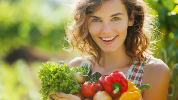 Woman with freshly harvested kitchen garden vegetables