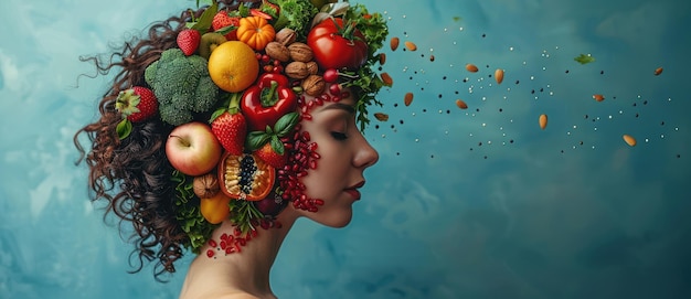 Photo woman with fruits and vegetables on head