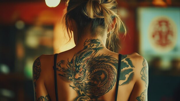 Photo woman with fullsleeve dragon tattoo on right arm and large dragon tattoo covering entire back ideal for tattoo art and body art projects