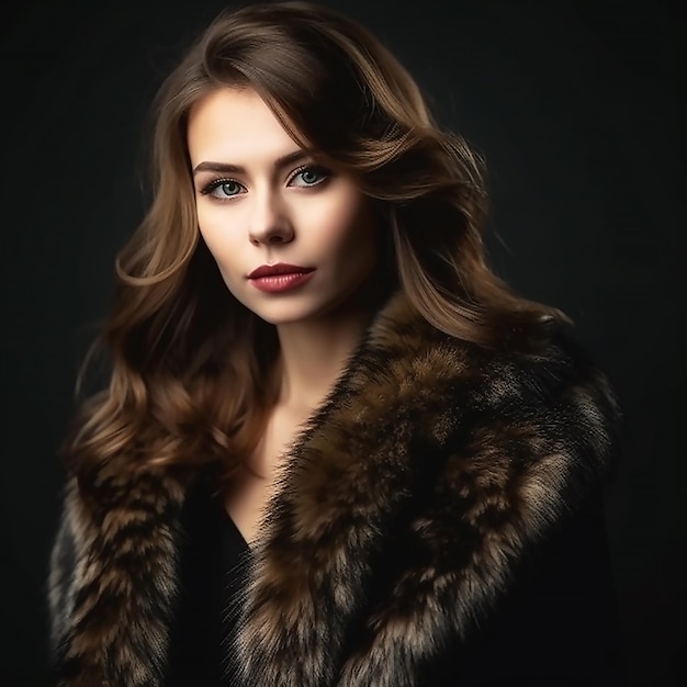 A woman with a fur coat on and a blue eyes.