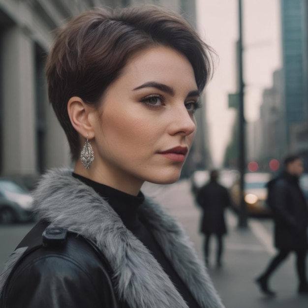 a woman with a fur collar and a fur collar is standing in the street