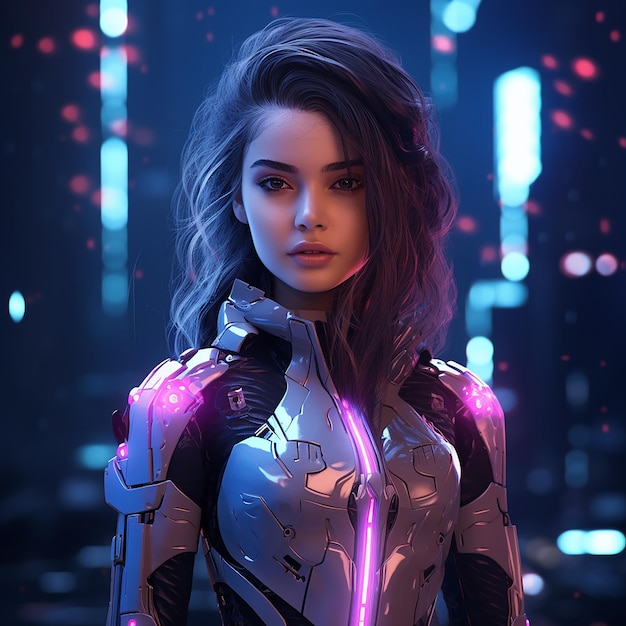 a woman with a futuristic costume and a purple light on her face