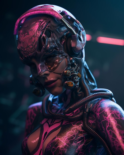 A woman with a futuristic face and a mask on her head