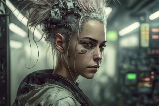 A woman with a futuristic look on her face