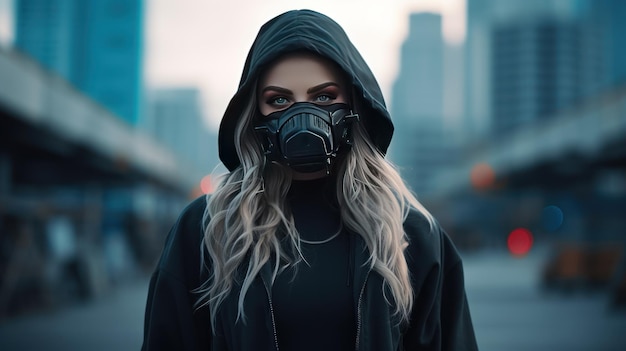 Woman with gas mask and hoodie AI generated image