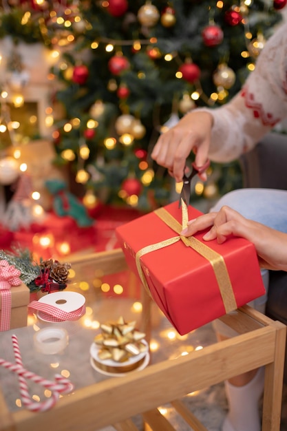 Woman with gift and present for Christmas and New Year party at home.