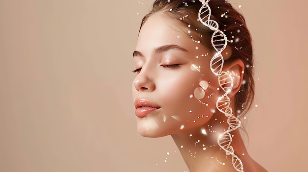 Woman with glass DNA strands on beige background merging aesthetics with scientific imagery