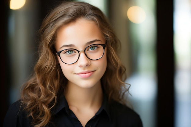 a woman with glasses and a black shirt