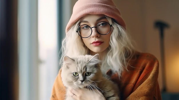 A woman with glasses and a cat on her shoulder