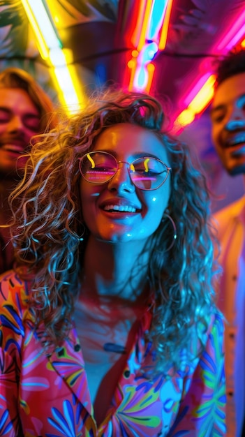 Photo a woman with glasses and a colorful shirt is smiling