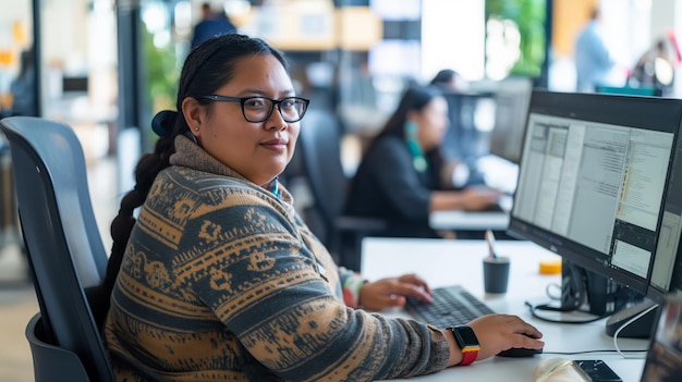 Woman with glasses at desk uses peripheral devices with personal computer