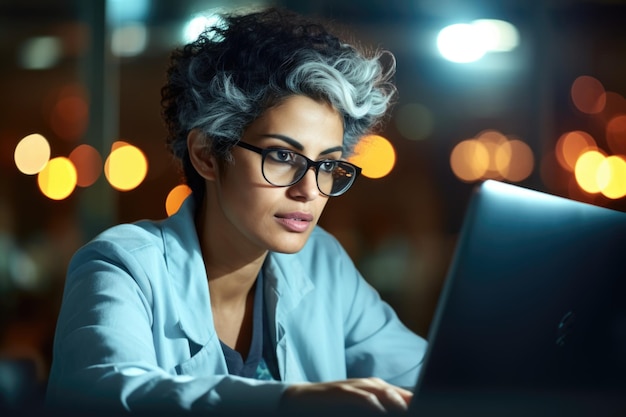 Woman with glasses focused on using laptop suitable for technology concepts