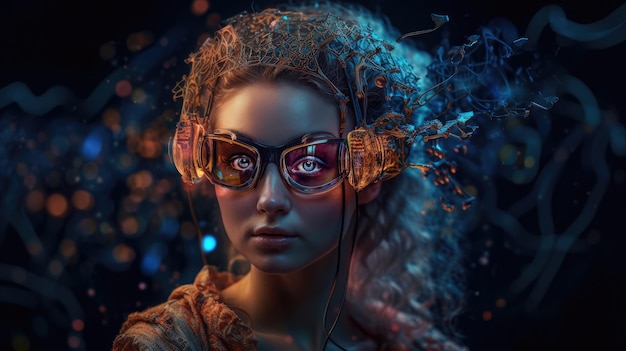 A woman with glasses on and a glowing background