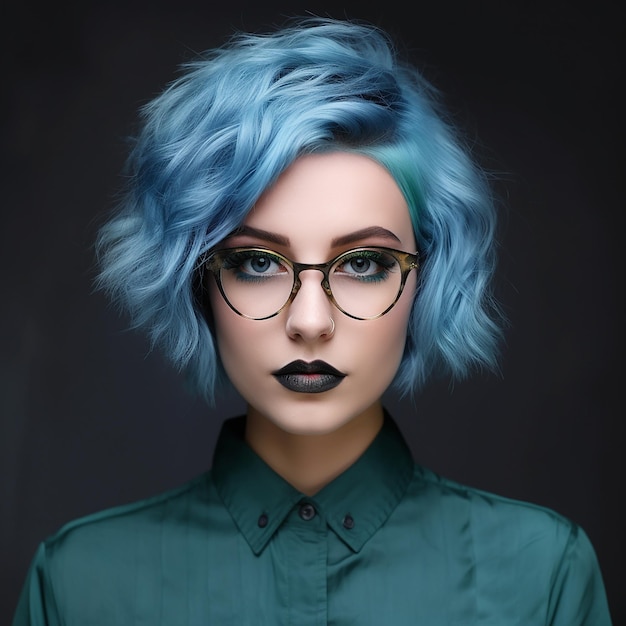 a woman with glasses and a green shirt with black lipstick on her face