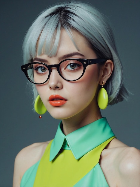 a woman with glasses and a green shirt with orange lips