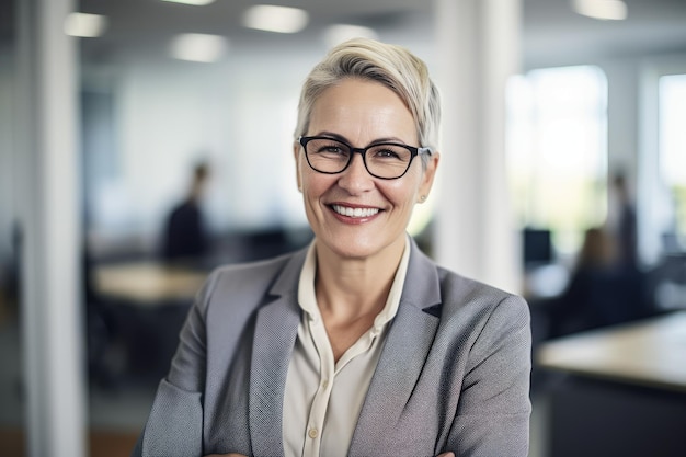 A woman with glasses and a grey suit stands in an office