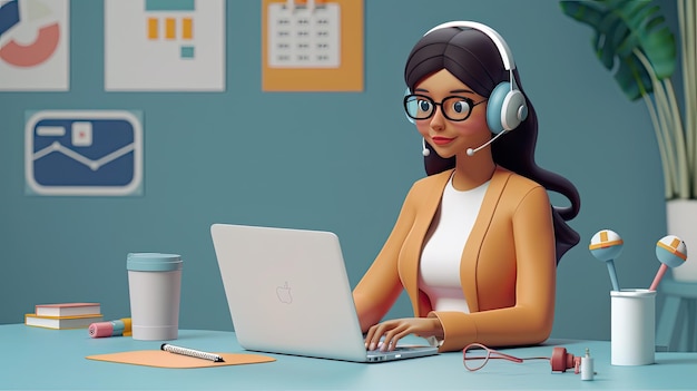 a woman with glasses and a headset is sitting at a desk with a laptop and a coffee cup