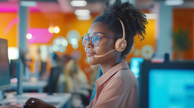 A woman with glasses and a headset with a microphone in front of her