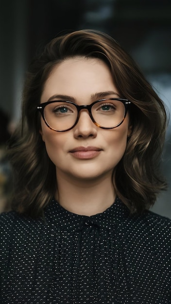 A woman with glasses on her face is looking at the camera