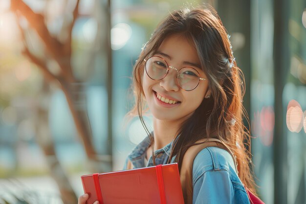 A woman with glasses holding a red book