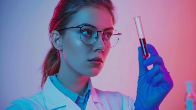 Photo a woman with glasses holding a syringe that says  medical