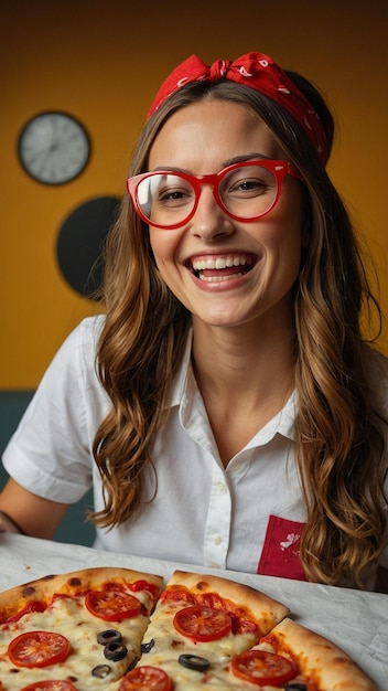 Photo a woman with glasses is eating a slice of pizza