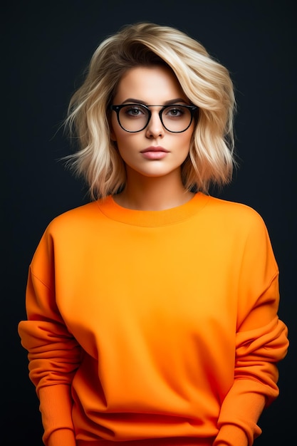 Woman with glasses is posing for picture in orange sweater Generative AI