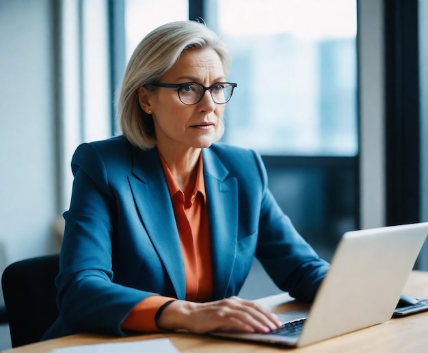 a woman with glasses is sitting at a desk with a laptop