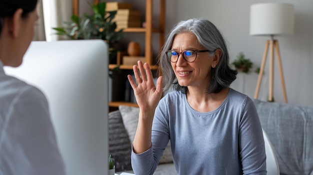 a woman with glasses is sitting in front of a computer with a monitor that says  the word  on the screen