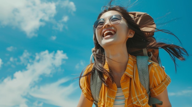 a woman with glasses is smiling and smiling with a backpack on her back