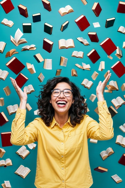 Photo a woman with glasses is standing in front of a blue background with books flying above her