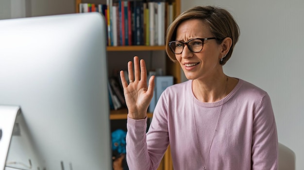 a woman with glasses is using a computer with a woman wearing glasses