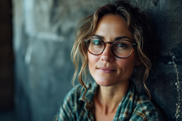 A woman with glasses leaning against a wall