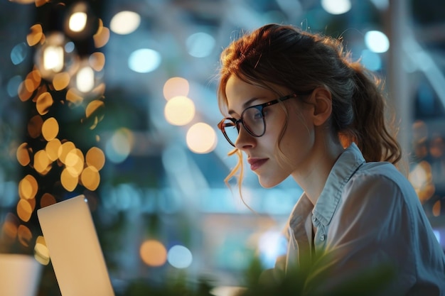 Woman with glasses looking at a laptop suitable for technology concepts