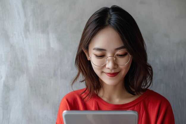 woman with glasses looking at the tablet computer