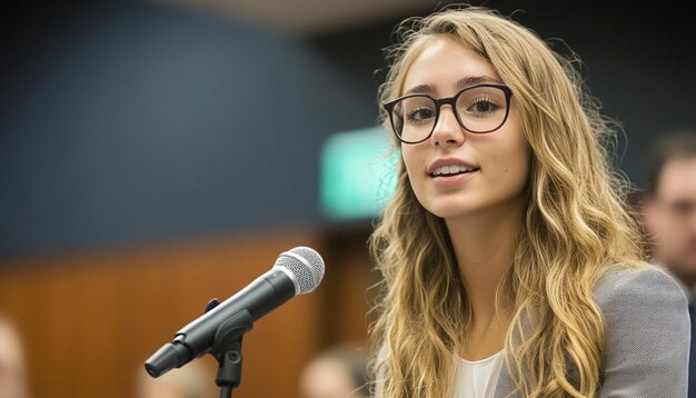 Photo a woman with glasses and a microphone in front of her