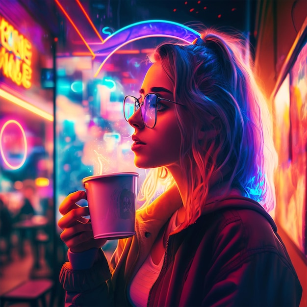 Photo a woman with glasses and a mug in front of a neon sign that says'the time is now '