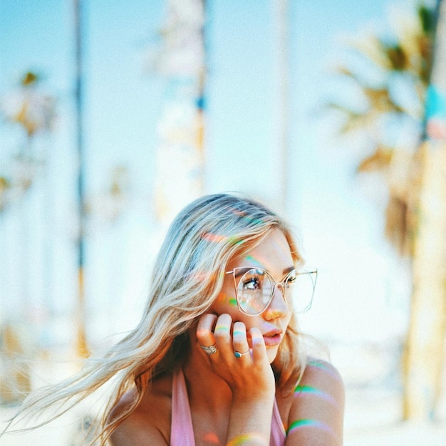 Photo a woman with glasses on and a pink shirt is talking on her phone